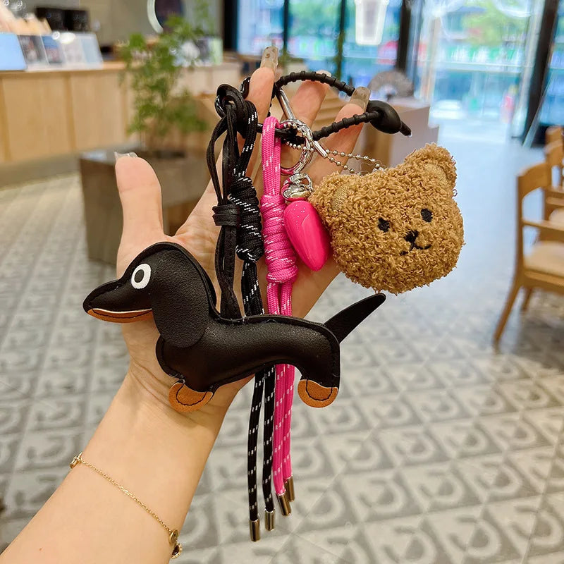 Leather Dachshund Bag Pendant Creative Keychain Lanyard bag Accessory Key Pendant Car Keyring Charm Gift