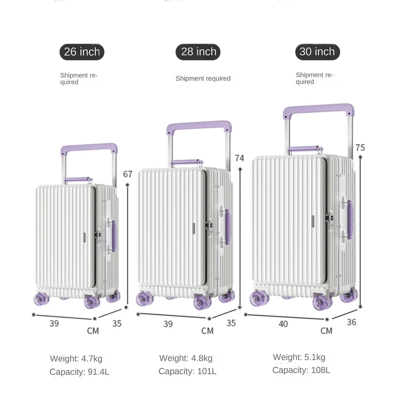 New Luggage 20 inch Carry-on Suitcase Side Opening Travel Suitcase Aluminum Frame Trolley Case 30 inch Large Capacity Luggage