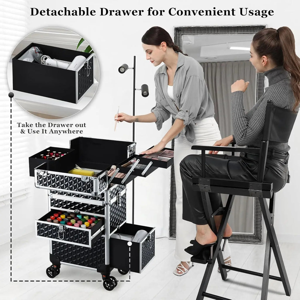 Rolling Makeup Case with Wheels Drawers Large Professional Cosmetology Trolley Case Lockable Travel Cosmetic Storage Train Cases