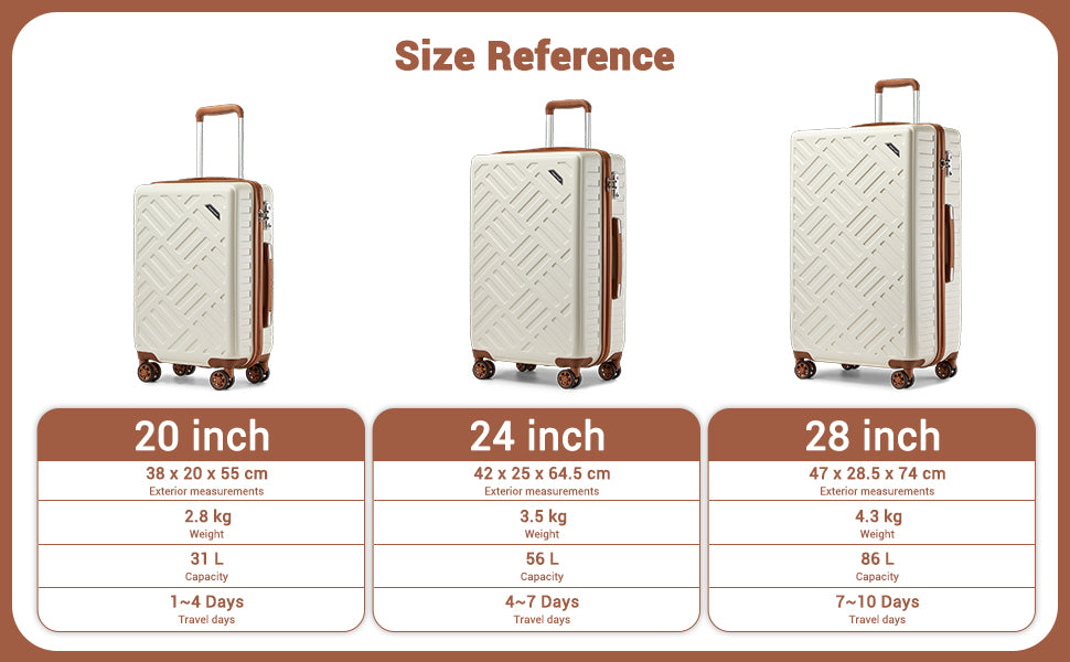 Kono 20/24/28 Inch Large ABS+PC Hardshell Suitcase - 4 Spinner Wheel Lightweight Check-In Luggage with TSA Lock